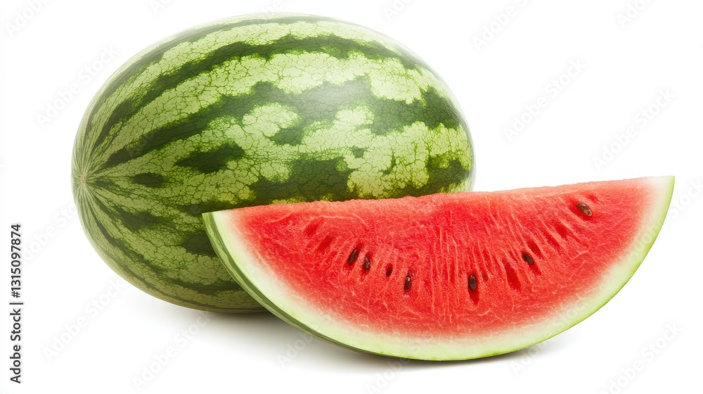 A large juicy watermelon with a slice cut out on a white isolated background A large juicy watermelon with a slice cut out on a white isolated background
