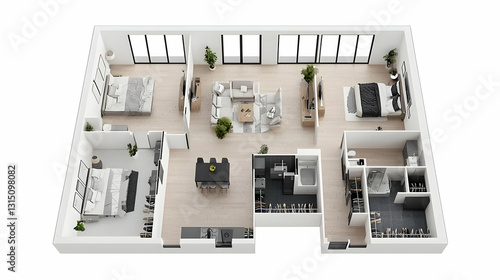 Modern Three Bedroom Apartment Floor Plan With Contemporary Interior Design Featuring White Walls Light Wood Floors And Black Accents In A Spacious