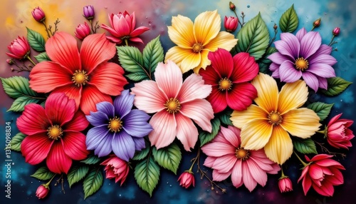 Wallpaper Mural The oil painted flowers burst with lifelike detail in a stunning array of vibrant hues, from rich reds and deep blues to bright yellows and lush greens Torontodigital.ca