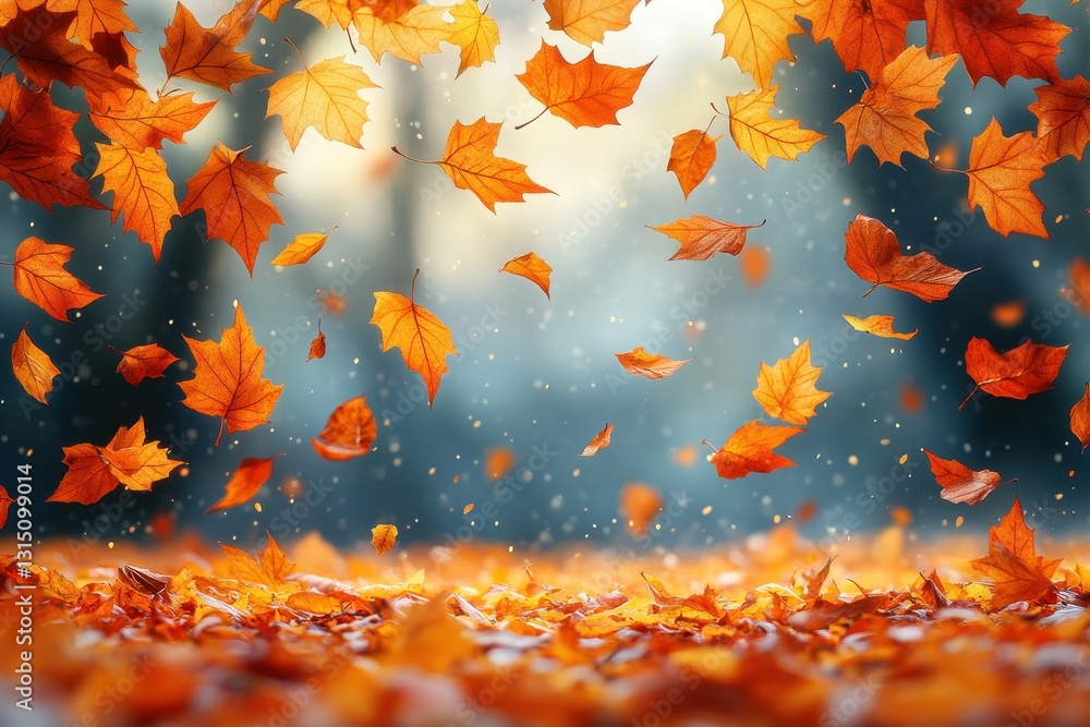 Colorful autumn leaves falling gently to the ground in a forest during golden hour Colorful autumn leaves falling gently to the ground in a forest during golden hour