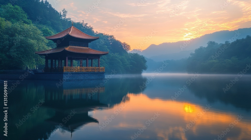 Obraz premium Pagoda perched on the edge of a river bend at sunrise