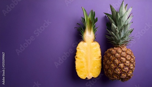juicy yellow pineapple on flat surface with space for text on bright background