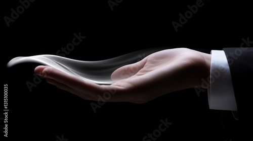 A serene image featuring an elegant hand holding a soft light flow, set against a black background, symbolizing tranquility and creativity in a minimalistic style.