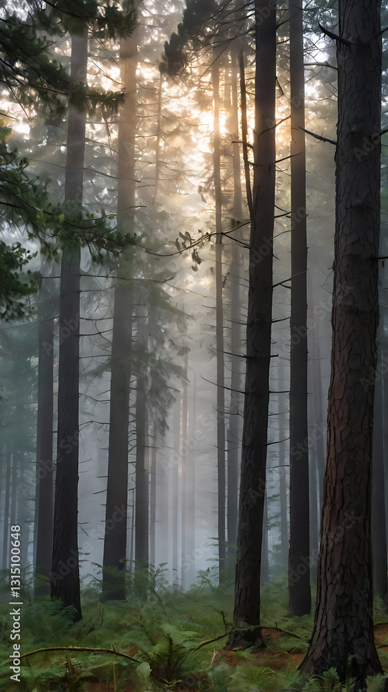Obraz premium A misty forest at dawn, with tall pine trees and soft light filtering through the morning fog.