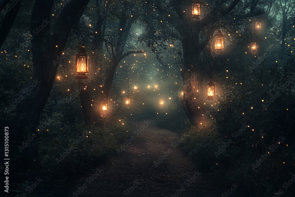 Explore an enchanting forest pathway adorned with glowing lanterns and fireflies. The mystical ambiance invites you to a magical journey through nature. Explore an enchanting forest pathway adorned with glowing lanterns and fireflies. The mystical ambiance invites you to a magical journey through nature.
