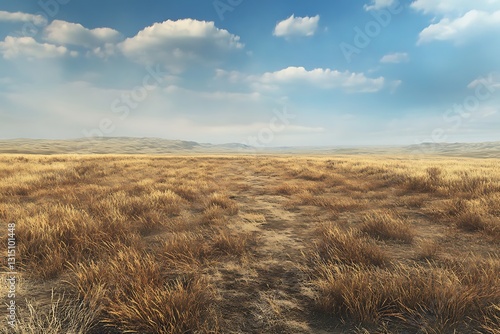 A serene landscape featuring dry grasslands under a blue sky with scattered clouds.