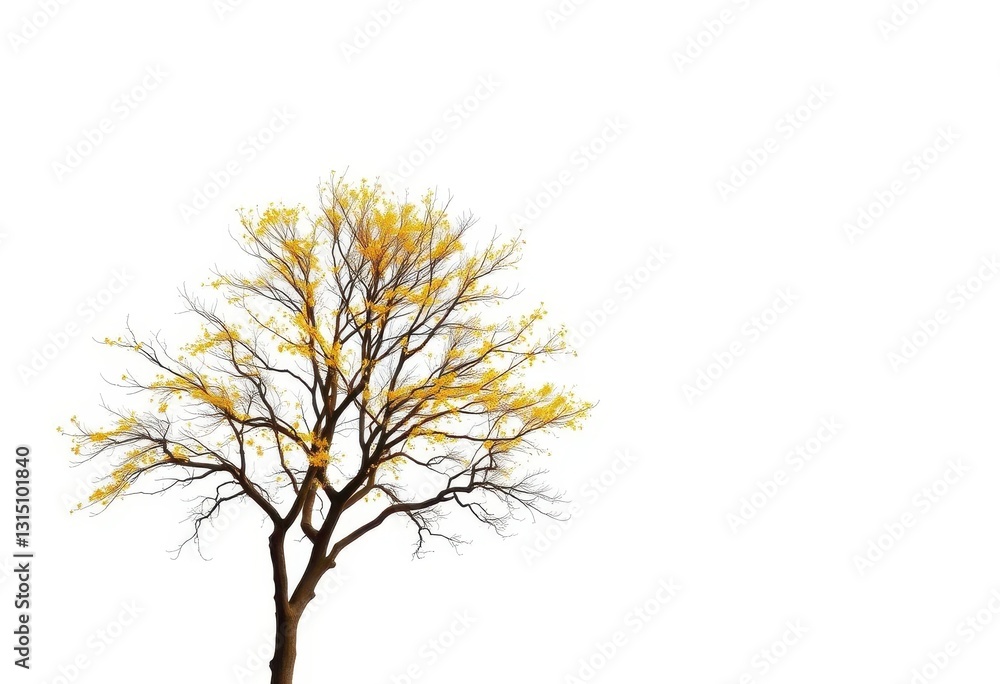 Fototapeta premium Lone deciduous tree, branches reaching skyward, stark white backdrop, botanical, foliage