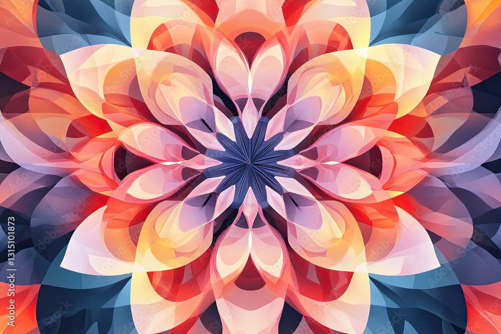 Elegant abstract floral mandala with layered translucent petals. A mesmerizing digital artwork with a harmonious blend of warm and cool tones. Elegant abstract floral mandala with layered translucent petals. A mesmerizing digital artwork with a harmonious blend of warm and cool tones.