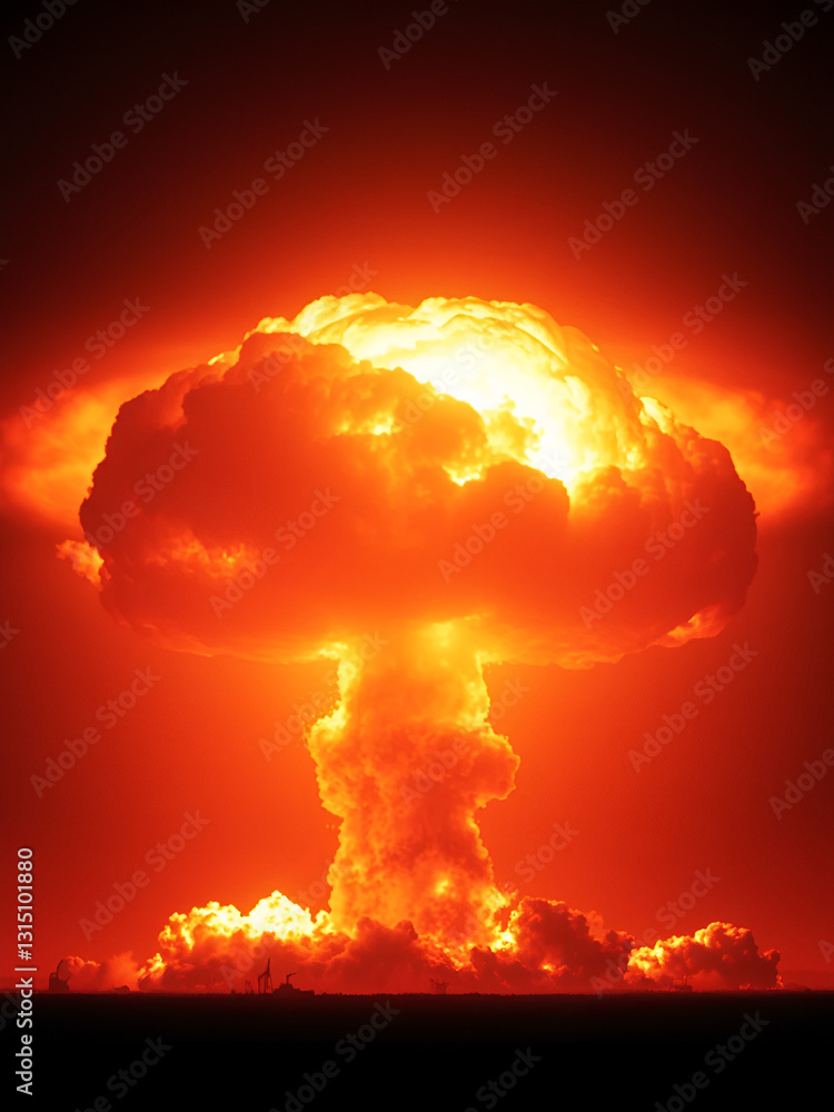 Obraz premium A dramatic image capturing the devastating impact of nuclear warfare, with destruction silhouetted against a fiery backlight, symbolizing the power and irreversible consequences of global conflict.