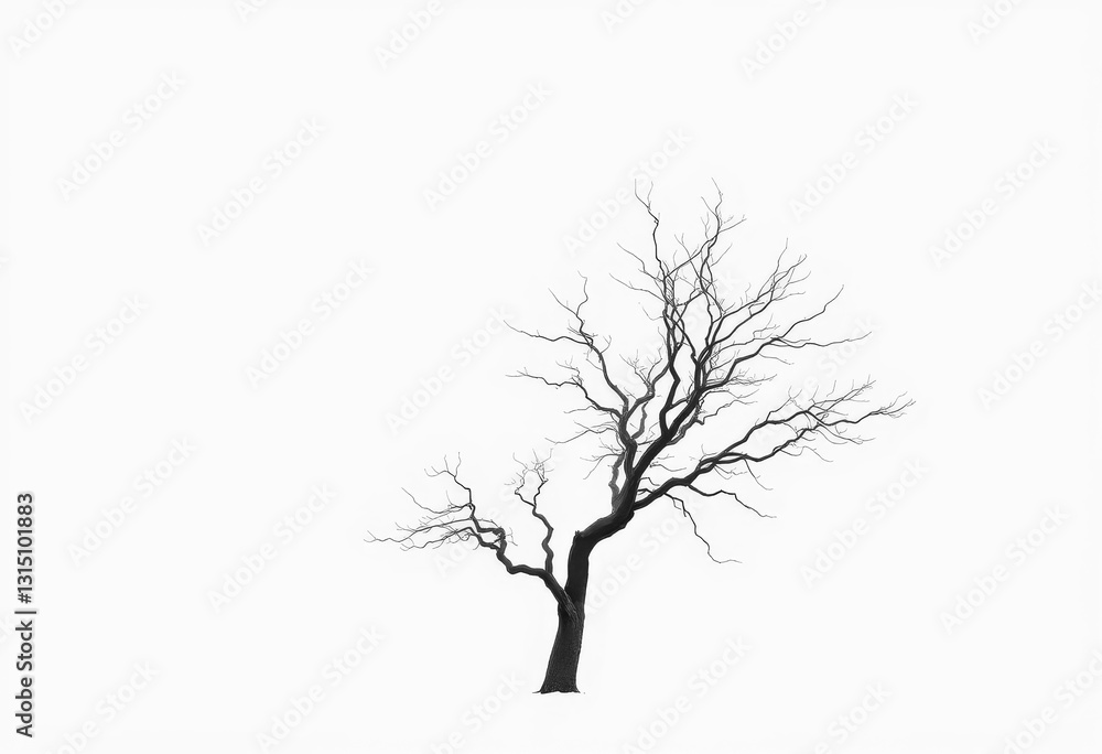 Obraz premium Lone deciduous tree, stark branches against pure white, tree, photography