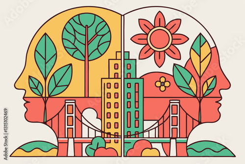 Abstract composition blending human elements, nature, and cityscapes in a modern, artistic style.