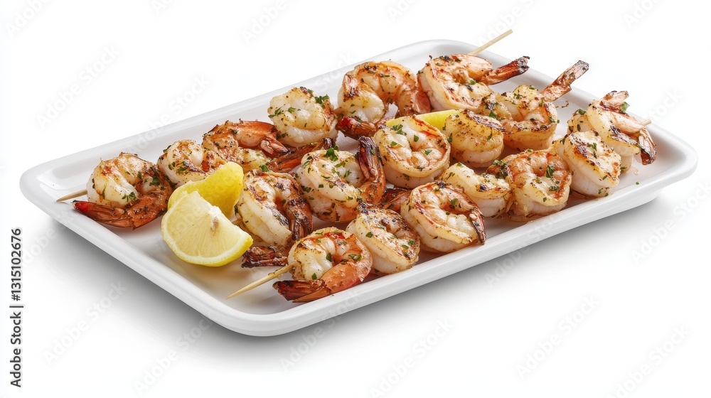 A plate of grilled shrimp skewers with lemon wedges on a white isolated background A plate of grilled shrimp skewers with lemon wedges on a white isolated background