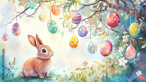 A charming scene depicting a cute rabbit encircled by Easter eggs in vibrant colors suspended from a tree, embodying the spirit of spring and festive celebration.
