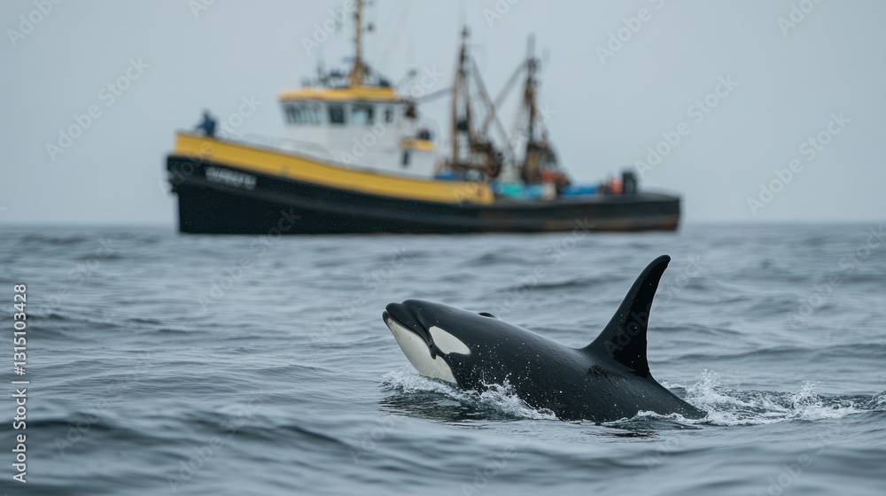 Naklejka premium Orca whale surfacing in ocean with fishing boat in background.