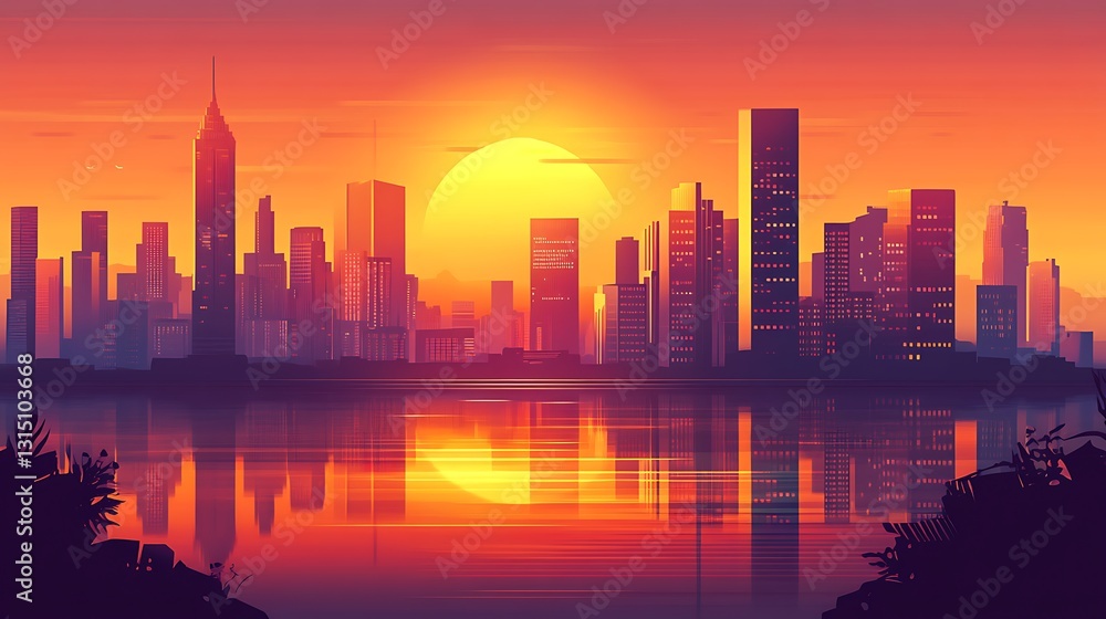 Fototapeta premium Sunset cityscape skyline reflected in water