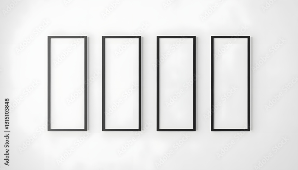 Picture frame mockup. Set of four vertical black frames on white wall. Templates for artwork, painting or poster, origami. with white shades Picture frame mockup. Set of four vertical black frames on white wall. Templates for artwork, painting or poster, origami. with white shades