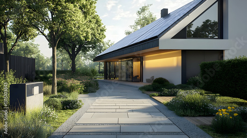 Wallpaper Mural Modern Minimalist House Exterior With Landscaped Garden Concrete Pathway and Lush Greenery in Evening Sunlight Torontodigital.ca