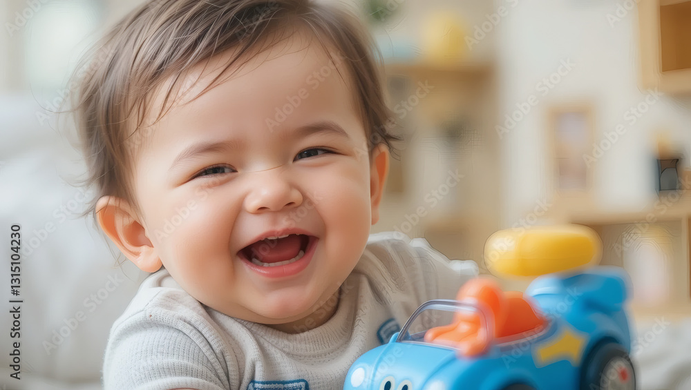 A joyful baby smiles brightly while playing with a colorful toy car in a cozy indoor setting. A joyful baby smiles brightly while playing with a colorful toy car in a cozy indoor setting.