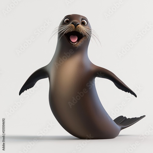 Energetic sea lion performing tricks, cheerful full-body pose, exuding fun on a bright white backdrop.