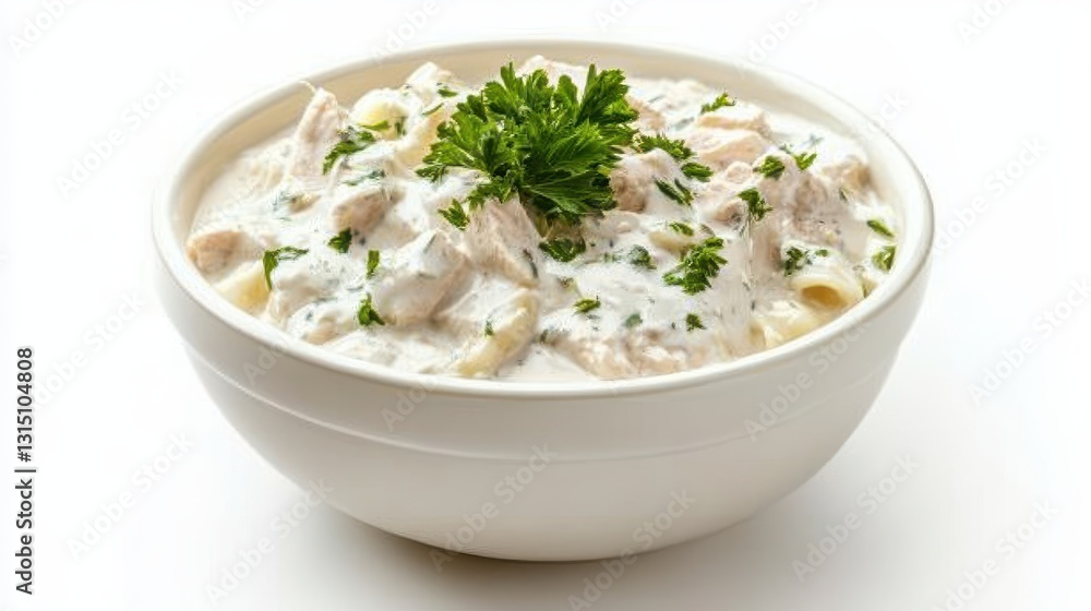 A bowl of creamy chicken alfredo pasta with a sprinkle of parsley on a white isolated background A bowl of creamy chicken alfredo pasta with a sprinkle of parsley on a white isolated background