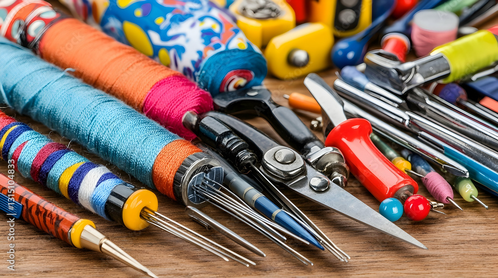 Obraz premium Colorful artisan crafting tools and threads on wood. Perfect for DIY, hobby, or craft projects