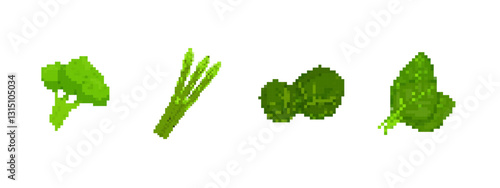Pixel art vegetables including lettuce, asparagus, brussels sprouts, and spinach arranged in a line.