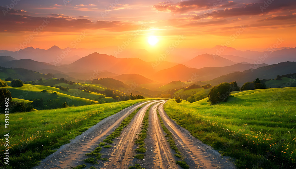 Fototapeta premium sunset in the mountains, Serene Sunset Landscape With Winding Dirt Road And Mountains