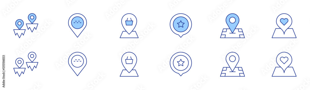 Location icon set in two styles, Duotone and Thin Line style. Editable stroke. location pin, star, location Location icon set in two styles, Duotone and Thin Line style. Editable stroke. location pin, star, location