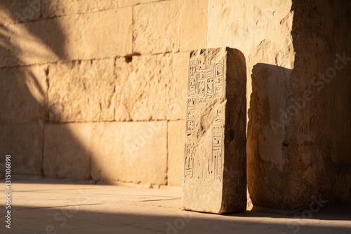 timeworn artifact from ancient historical site bathed in soft sunlight stands against weathered stone wall its intricate