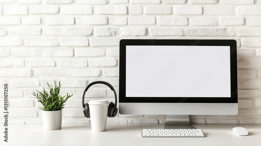 Fototapeta premium Modern Workspace Computer, Headphones, Coffee and Plant against White Brick Wall , desk , office