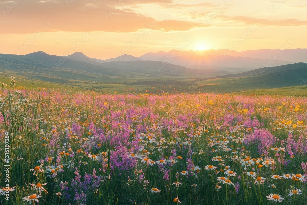 Obraz premium Vibrant wildflowers bloom in a vast field at sunset, mountains in the background creating a breathtaking landscape.