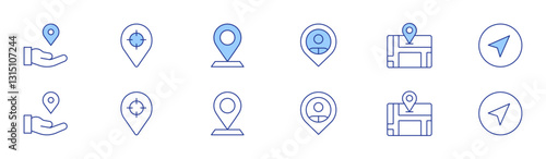 Location icon set in two styles, Duotone and Thin Line style. Editable stroke. location, share location, location pin, gps, navigator