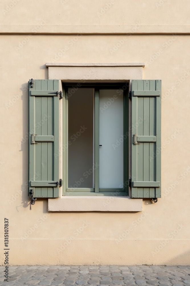 Fototapeta premium A partially opened sage green window shutter on a light beige building facade