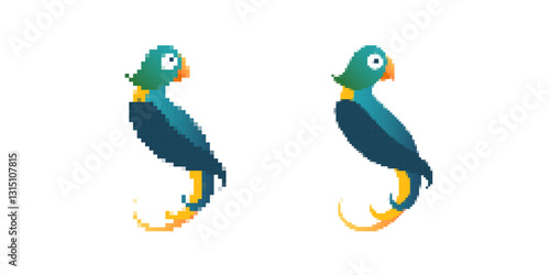 A pixel art parrot with vibrant blue and green feathers, featuring a playful and creative design.