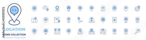 Location icons collection. Line Duotone style, editable stroke. location pin, money, placeholder, pin, pharmacy, map, route, place, location, locations, mountain