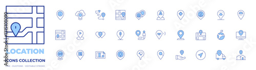 Location icons collection. Line Duotone style, editable stroke. park location, location, map location, share location, location pin, gps, delivery, navigator