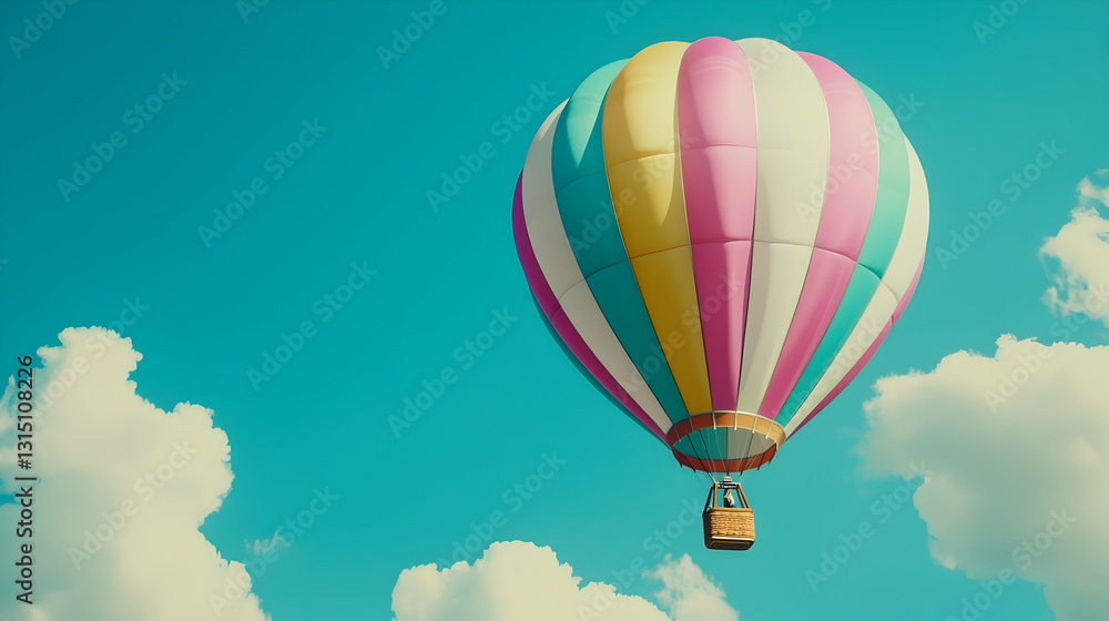 Fototapeta premium Colorful hot air balloon soaring above fluffy clouds, sunny sky background; ideal for travel, adventure, freedom concepts