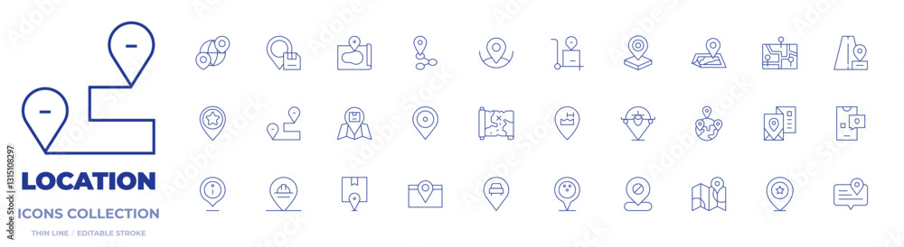 Location icons collection. Thin Line icons, editable stroke. location, location pin, area, map, world, placeholder, travel guide, car, maps and location, send Location icons collection. Thin Line icons, editable stroke. location, location pin, area, map, world, placeholder, travel guide, car, maps and location, send