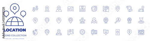 Location icons collection. Thin Line icons, editable stroke. location pin, share location, map, placeholder, earth, location, distance, map pointer, gps, place