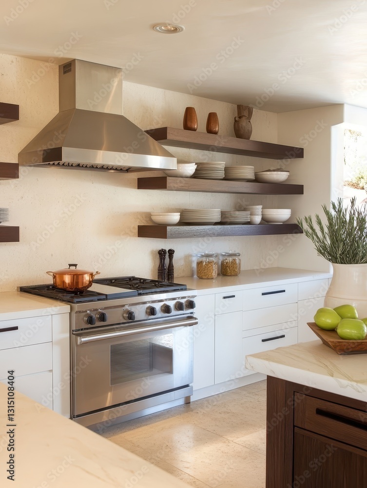 Fototapeta premium A clean modern kitchen displays a stainless steel stove