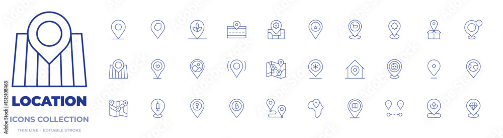 Location icons collection. Thin Line icons, editable stroke. place, location, meeting place, placeholder, plant, map location, map, location pin, library, shop Location icons collection. Thin Line icons, editable stroke. place, location, meeting place, placeholder, plant, map location, map, location pin, library, shop