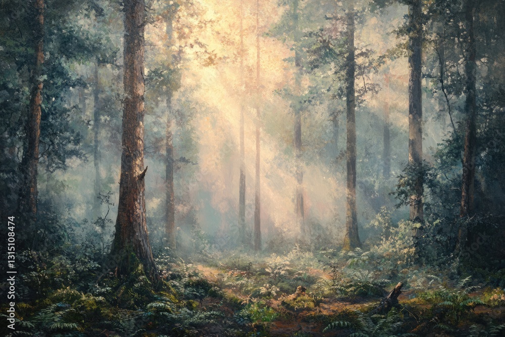 Obraz premium Sunlit path through a mystical forest, tall trees shrouded in morning mist, creating an enchanting scene.