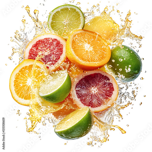 A Burst of Tangy Citrus Fruits (Lemons, Limes, and Oranges) Isolated on Transparent Background