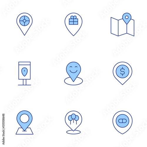 Location icons set. Line Duotone style, editable stroke. locate, money, pharmacy, map, location, gift, maps and location