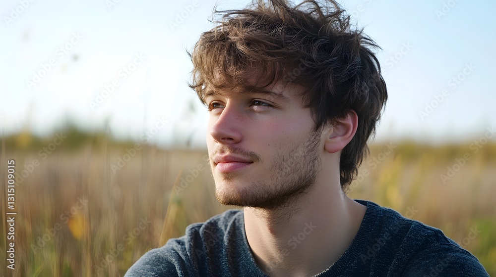 Pensive young man looks towards the horizon in a field, lost in thought and contemplation outdoors. Pensive young man looks towards the horizon in a field, lost in thought and contemplation outdoors.