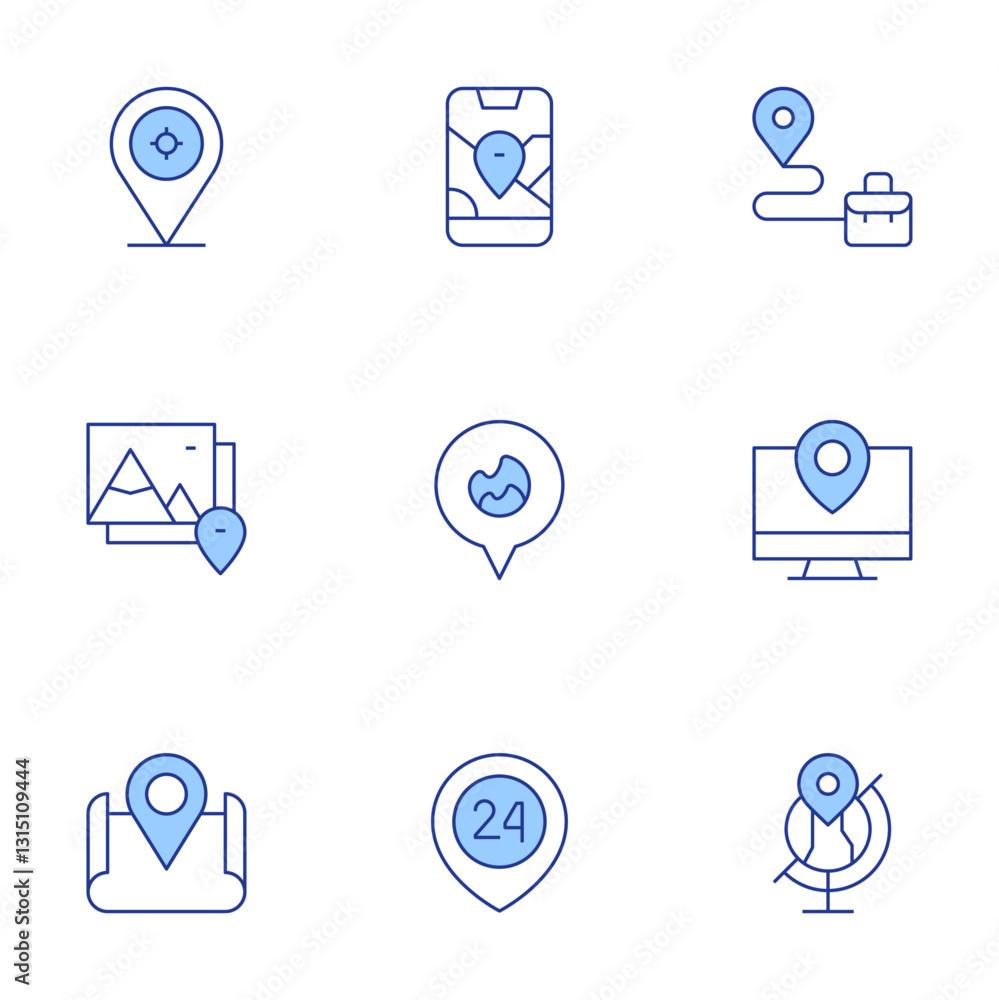 Location icons set. Line Duotone style, editable stroke. placeholder, location, route, fire location Location icons set. Line Duotone style, editable stroke. placeholder, location, route, fire location