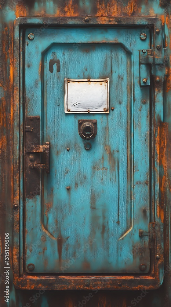 A distressed blue metal door with visible rust and aged features A distressed blue metal door with visible rust and aged features