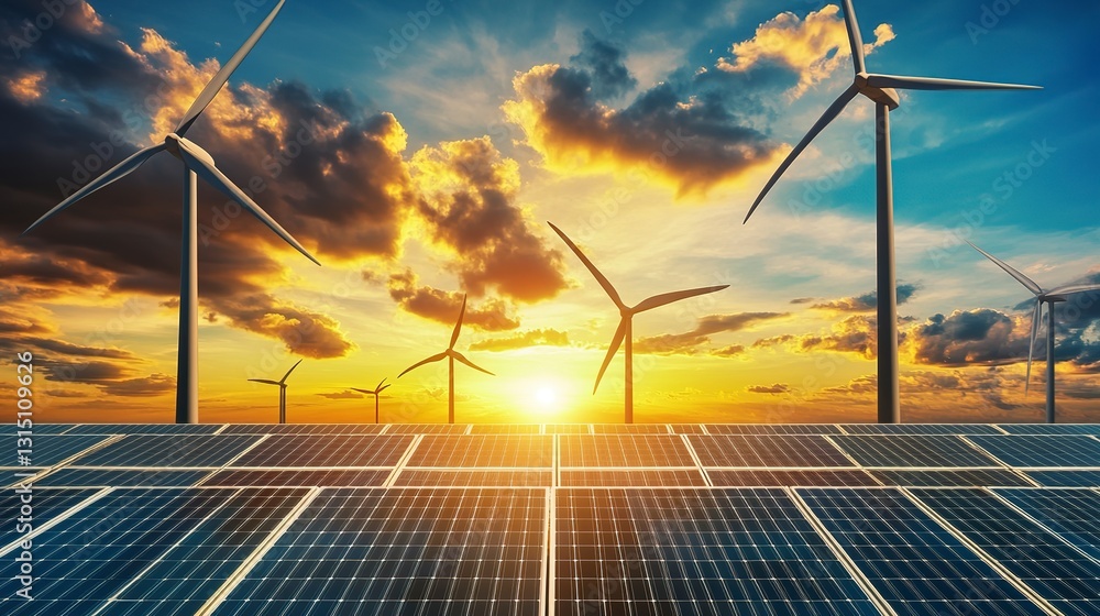 A Breathtaking Sunset Illuminates A Vast Field Of Solar Panels And Wind Turbines, Symbolizing A Bright, Sustainable Energy Future Powered By Natures Gifts A Breathtaking Sunset Illuminates A Vast Field Of Solar Panels And Wind Turbines, Symbolizing A Bright, Sustainable Energy Future Powered By Natures Gifts