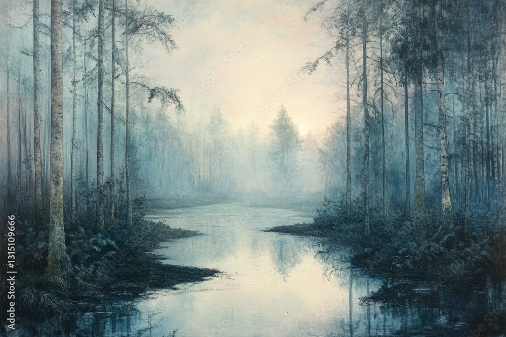 Serene dawn scene in a misty forest, reflecting tranquil water. Serene dawn scene in a misty forest, reflecting tranquil water.