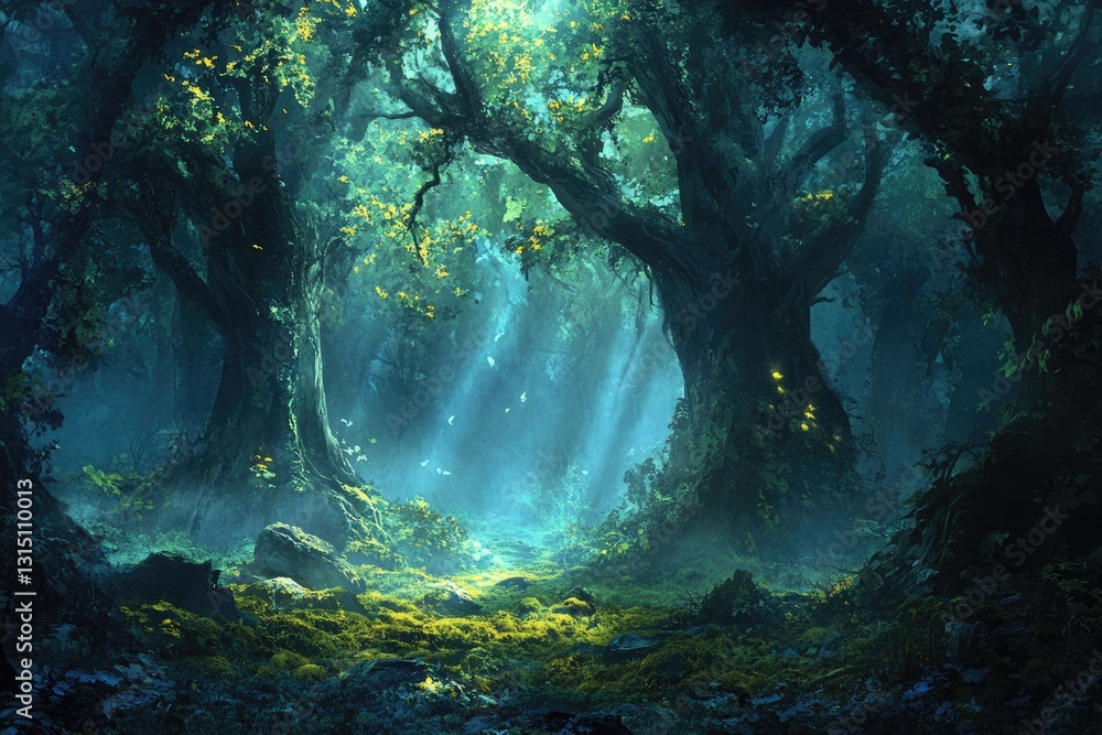 Obraz premium Enchanted forest path bathed in ethereal light, ancient trees stand tall, creating a magical atmosphere.